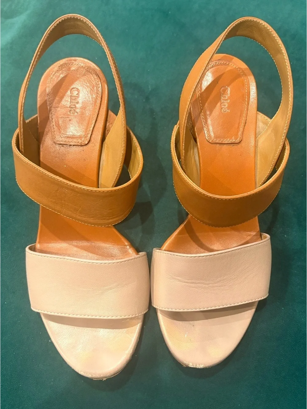 Chloe Mia Two-Tone Leather Slingback Sandals in Tan and Ivory